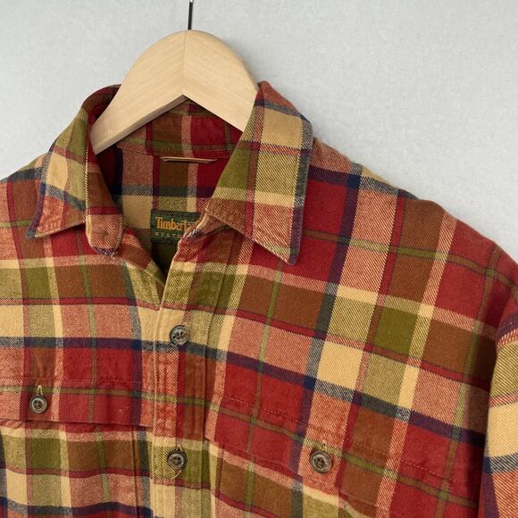 TIMBERLAND Shirt Mens XS Heavy Brushed Flannel Plaid Lumberjack Button Up Red - Picture 2 of 16